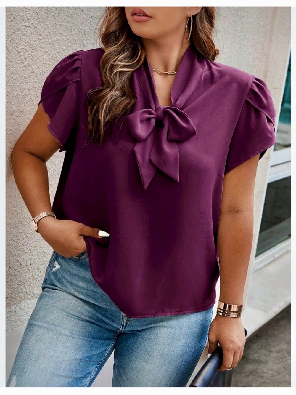 Women's Deep Purple Bow-Tie Short Sleeve Blouse
